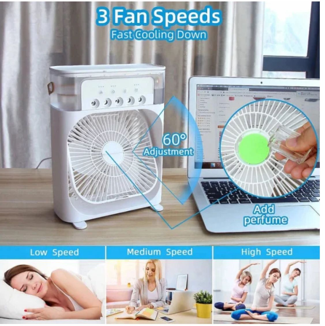 10-Inch Large Portable Air Conditioner Fan | USB Electric Fan with LED Night Light, Mist & Humidifier Function | Random Color